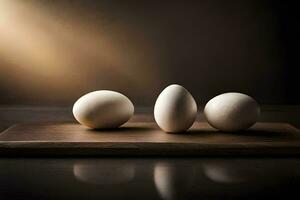 Trois des œufs sur une en bois Coupe planche. généré par ai photo