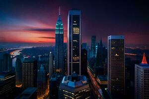 le ville horizon à nuit avec le Empire Etat bâtiment dans le Contexte. généré par ai photo