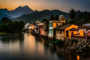 photo fond d'écran le ciel, montagnes, rivière, coucher de soleil, Inde, le ville, le rivière. généré par ai