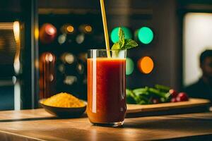 une verre de tomate jus est assis sur une tableau. généré par ai photo