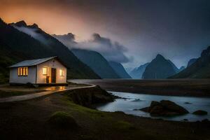 une petit maison est assis sur le côté de une Montagne à crépuscule. généré par ai photo