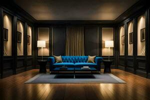 une bleu canapé est assis dans une pièce avec noir des murs et bois étages. généré par ai photo