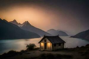 une petit cabine est assis sur le rive de une Lac à le coucher du soleil. généré par ai photo