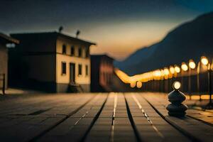 une en bois passerelle avec lumières sur il à nuit. généré par ai photo