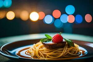 une assiette de spaghetti avec une framboise sur il. généré par ai photo