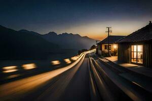 une longue exposition photographier de une maison et Montagne à crépuscule. généré par ai photo