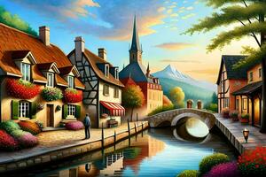 une La peinture de une village avec une pont et Maisons. généré par ai photo