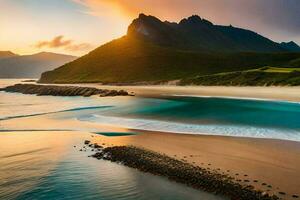 le Soleil ensembles plus de une plage et montagnes. généré par ai photo