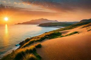le Soleil monte plus de le océan et le sable dunes. généré par ai photo
