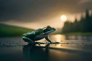 une grenouille est séance sur le sol dans de face de une le coucher du soleil. généré par ai photo