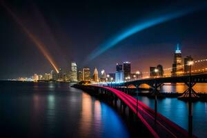 le ville horizon à nuit avec une arc en ciel lumière piste. généré par ai photo