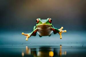 une grenouille sauter en dehors de le l'eau. généré par ai photo