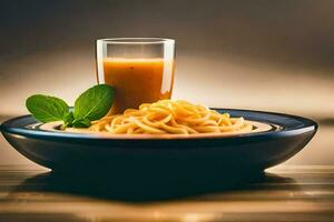 une assiette avec spaghetti et une verre de Orange jus. généré par ai photo
