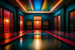 une pièce avec rouge et bleu lumières et une bassin. généré par ai photo