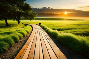 une en bois chemin pistes à une herbeux champ à le coucher du soleil. généré par ai photo