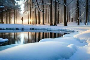 une homme des stands dans le neige près une étang. généré par ai photo