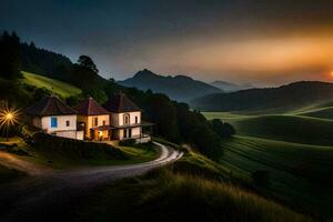 une maison sur une colline avec le Soleil réglage derrière il. généré par ai photo