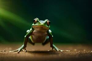 une grenouille est permanent sur une foncé Contexte. généré par ai photo