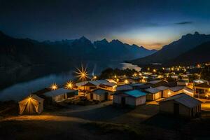 le nuit ciel plus de une Lac et Montagne gamme. généré par ai photo