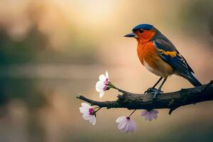 une coloré oiseau est assis sur une branche près une lac. généré par ai photo