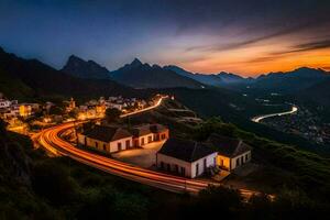 une ville et montagnes à le coucher du soleil. généré par ai photo