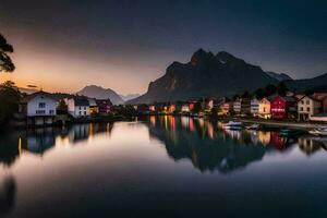 coloré Maisons et bateaux dans le l'eau à le coucher du soleil. généré par ai photo