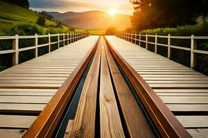 une en bois pont avec le Soleil réglage derrière il. généré par ai photo