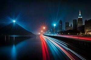 une longue exposition photo de une ville à nuit. généré par ai