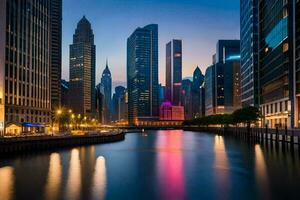 le Chicago rivière à crépuscule. généré par ai photo