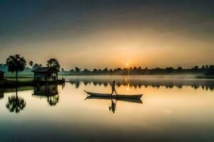 une homme dans une bateau sur une Lac à lever du soleil. généré par ai photo