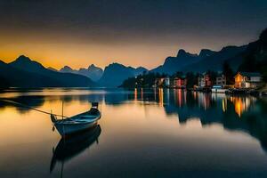 une bateau est assis sur le l'eau à le coucher du soleil dans de face de une Montagne gamme. généré par ai photo