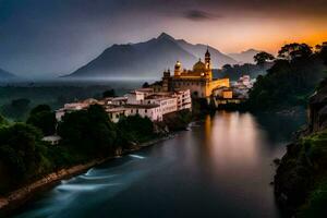 une magnifique le coucher du soleil plus de une rivière et une église. généré par ai photo