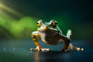 une grenouille est permanent sur une foncé surface. généré par ai photo