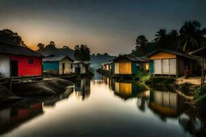 une rivière avec Maisons sur il à le coucher du soleil. généré par ai photo