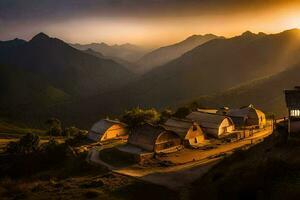 le Soleil ensembles plus de une Montagne village dans vietnam. généré par ai photo