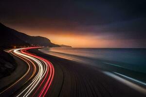 une longue exposition photographier de une voiture conduite sur le Autoroute. généré par ai photo