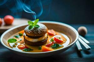 une assiette avec une sandwich et des légumes sur il. généré par ai photo