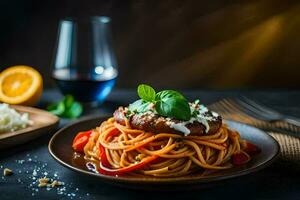 spaghetti avec Viande et des légumes sur une foncé tableau. généré par ai photo