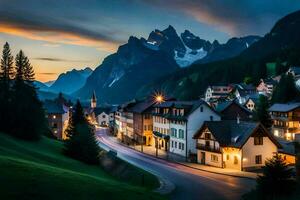 une ville dans le montagnes à le coucher du soleil. généré par ai photo