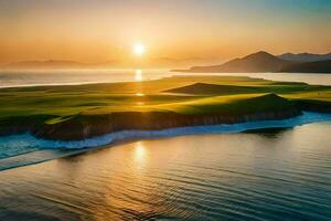 le Soleil ensembles plus de une le golf cours et océan. généré par ai photo