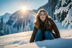 une femme séance dans le neige avec le Soleil brillant. généré par ai photo