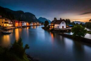 photo fond d'écran le ciel, eau, montagnes, Maisons, le village, le rivière, le village. généré par ai