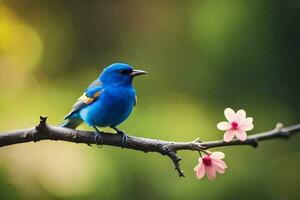 une bleu oiseau est assis sur une branche avec une rose fleur. généré par ai photo