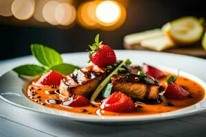une assiette de nourriture avec des fraises et saumon. généré par ai photo