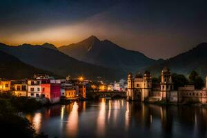 photo fond d'écran le ciel, montagnes, rivière, ville, lac, coucher de soleil, Inde, tu. généré par ai