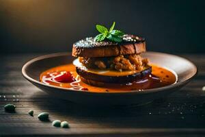 une sandwich avec Viande et sauce sur une plaque. généré par ai photo