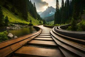 une en bois passerelle pistes à une Montagne lac. généré par ai photo