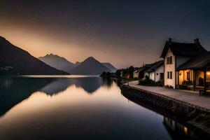 une maison est assis sur le rive de une Lac à le coucher du soleil. généré par ai photo