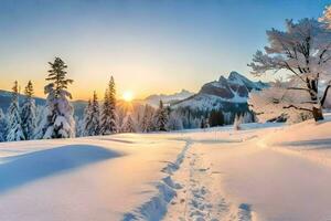 une neigeux paysage avec une Piste de premier plan à le Soleil. généré par ai photo