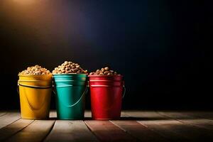 Trois seaux de pop corn sur une en bois tableau. généré par ai photo